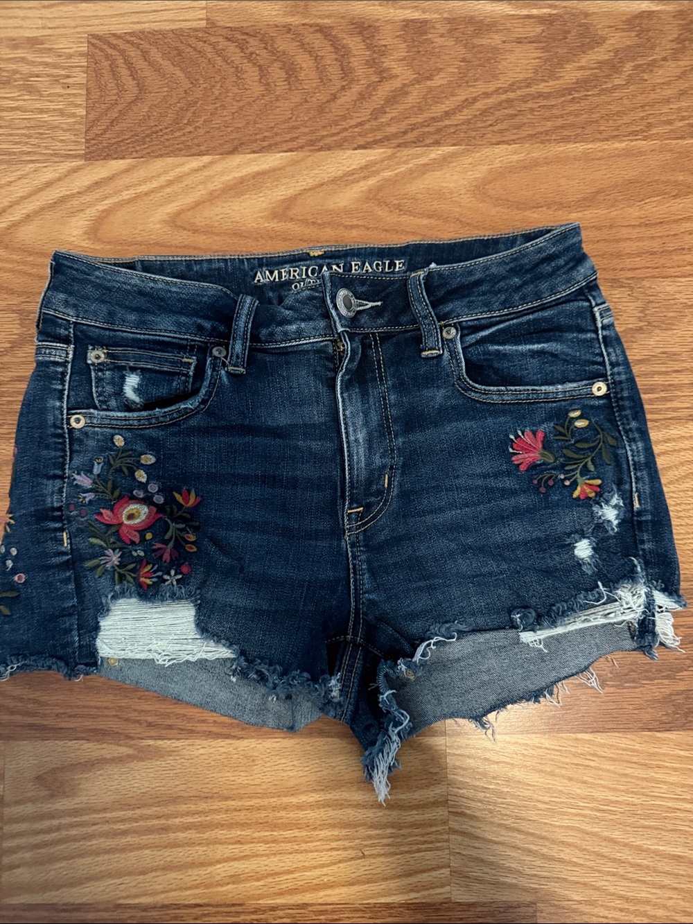 American Eagle Outfitters Dark Blue Embroidered Cutoff Denim Shorts